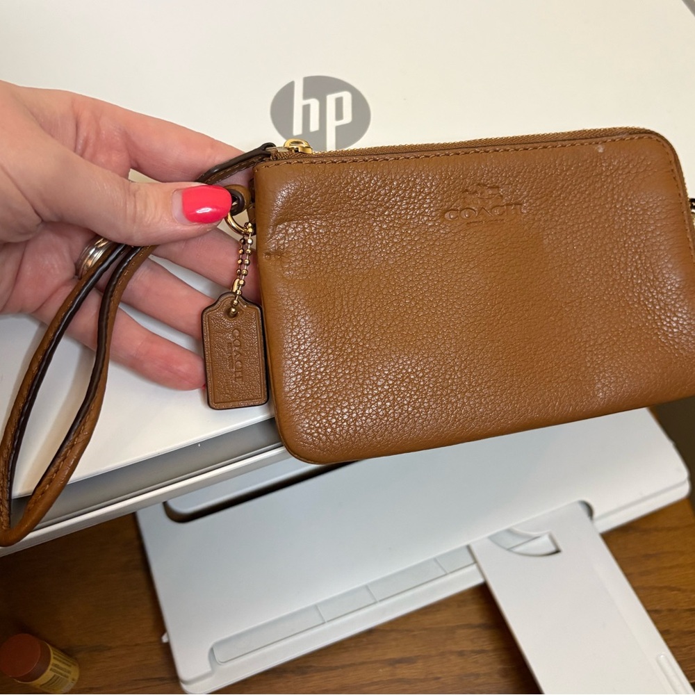 Coach Pebbled Leather Wristlet in Cognac Brown with Gold Hardware